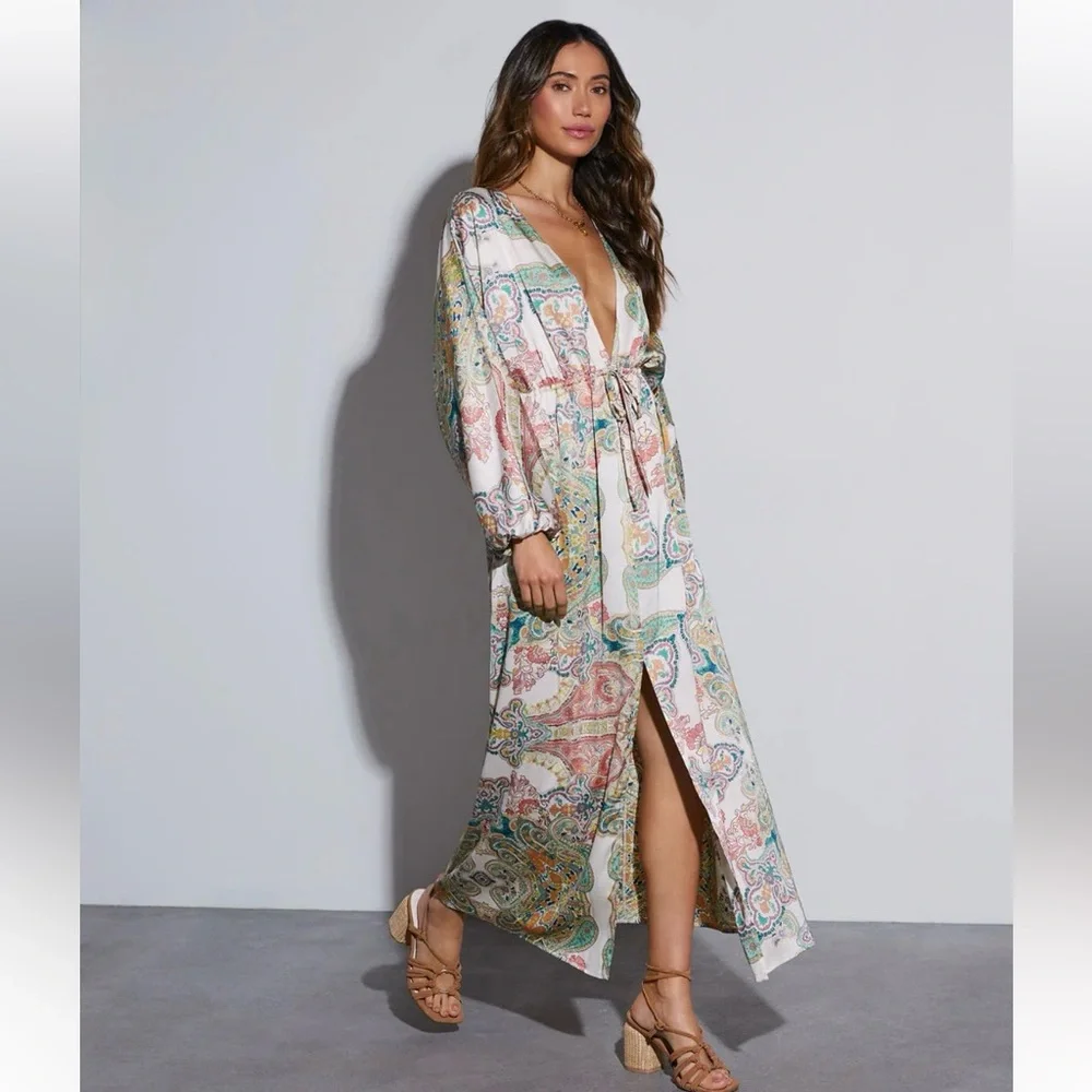 VICI Paisley Print Deep V Long Sleeve Silky Boho Maxi Dress Size XS - Picture 3 of 10